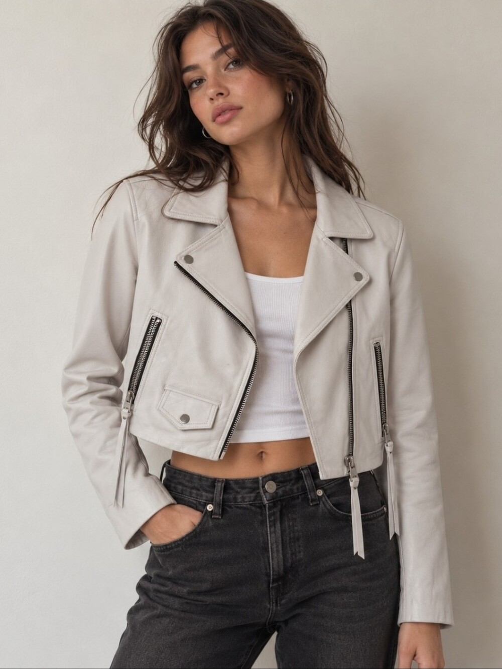 Allsaints White Elora Crop Leather Jacket Us 8